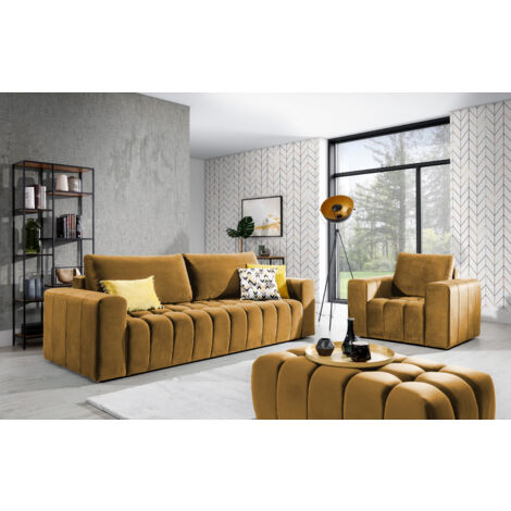 Ensemble 1 canapé convertible + 1 fauteuil + 1 pouf capitonné LARKO velours-Jaune chamoix