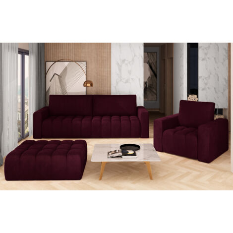 Ensemble 1 canapé convertible + 1 fauteuil + 1 pouf capitonné LARKO velours-Prune