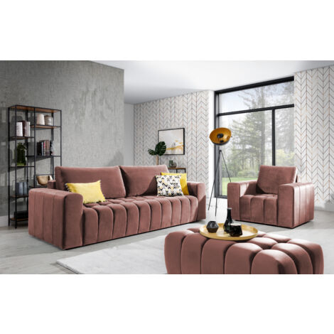 Ensemble 1 canapé convertible + 1 fauteuil + 1 pouf capitonné LARKO velours-Rose balais