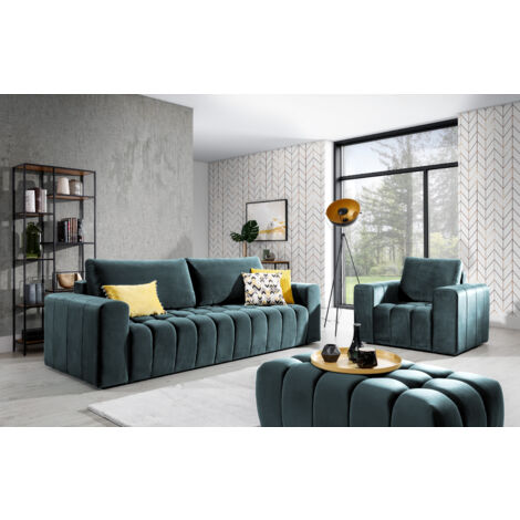 Ensemble 1 canapé convertible + 1 fauteuil + 1 pouf capitonné LARKO velours-Vert emeraude