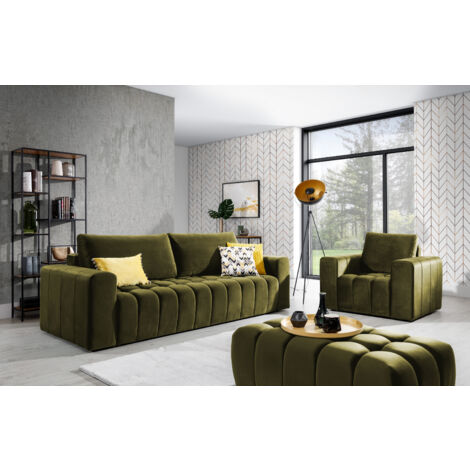 Ensemble 1 canapé convertible + 1 fauteuil + 1 pouf capitonné LARKO velours-Vert olive