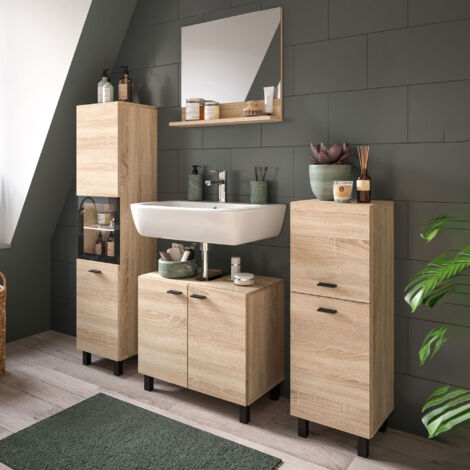 Ensemble 1 colonne vitrée + 3 meubles décor chêne - BOSTOZ