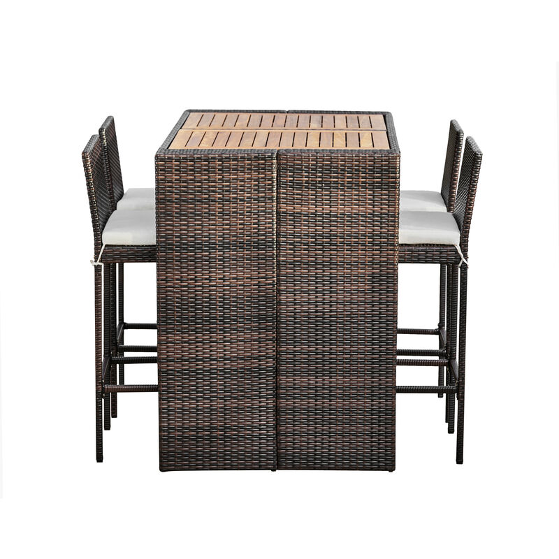 Ensemble 1 table et 4 chaises de jardin extérieur hautes style bar plateau en bois coussins amovibles Teamson Home PT-OF0026 - Marron