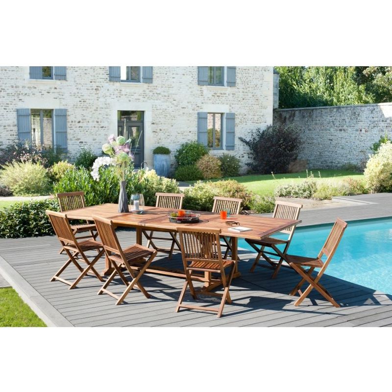 Hanna - salon de jardin en bois teck 10/12 pers - 1 Table rectangulaire extensible 200/300120 cm et 8 chaises - Marron