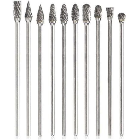Ensemble 10pcs Fraises Rotatives Double Coupe de Tungstène Burres Kit Foret Mèche Lime Rotative Tige 1/8" Fichier Fraise en Carbure à Meulage Polissage Gravure Perçage pour Outil Rotatif