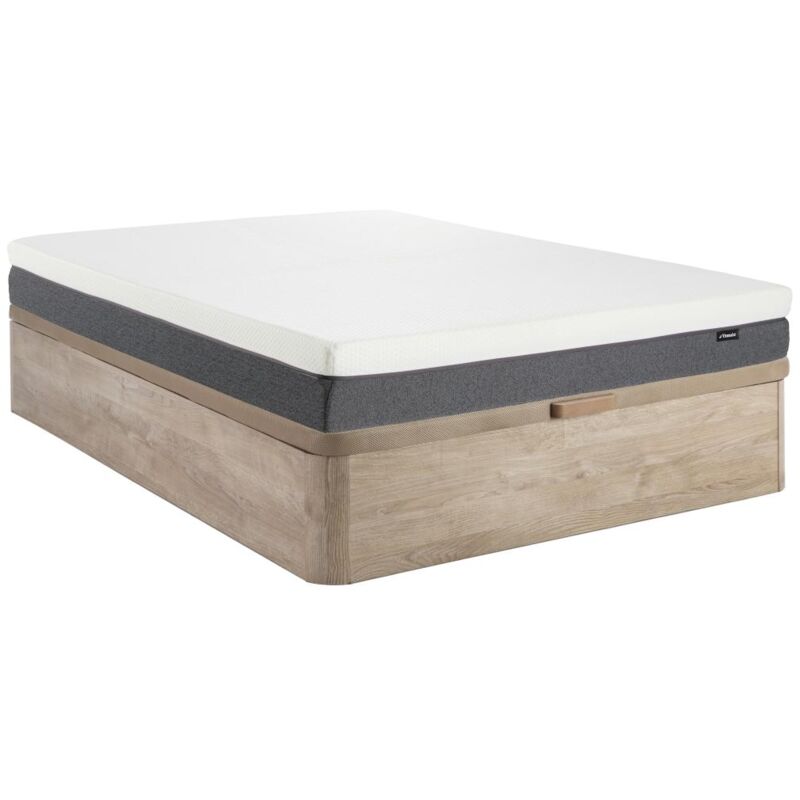 Vente-unique - Ensemble 140 x 190 cm sommier coffre naturel clair + matelas hybride ressorts ensachés accueil mémoire de forme et mousse 7 zones