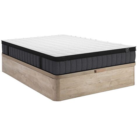 Ensemble Lit 160x200 Cm - Sommier Coffre Naturel Clair + Matelas Hybride Ressorts 7 Zones 30 Cm