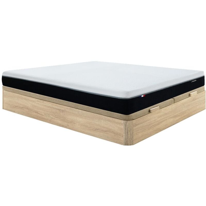 Vente-unique - Ensemble 180 x 200 cm sommier coffre naturel clair + matelas hybride anti-feu ressorts ensachés 7 zones et mémoire de forme ép.29cm