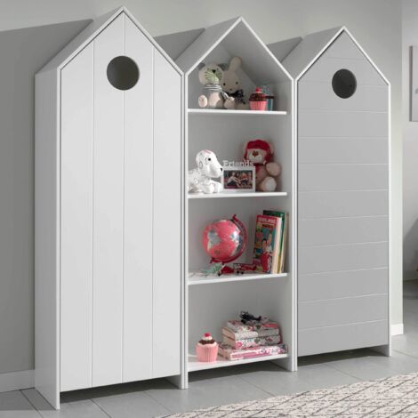 Ensemble 2 armoires enfant blanc & gris et 1 bibliothèque blanche bois laqué Camila