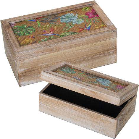 Ensemble 2 boîtes rectangulaires Bois+Rotindécoré de Fleurs 30X18X12+24X14X9 Cm