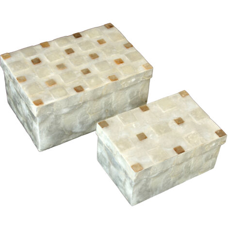Ensemble 2 boîtes rectangulaires Nacre Naturelle C/Carrés Grillés 21,5X14X10+15X10X7,5 Cm