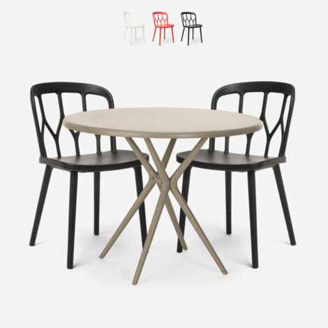 Ensemble 2 Chaises Polypropylène Design et 1 Table Ronde 80cm Beige Jardin terrasse Restaurant Bar Kento