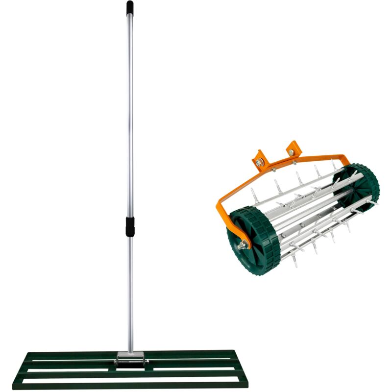 Monster Shop - Ensemble 2-en-1 Scarificateur Manuel et Niveleur de Pelouse Vert en Acier Galvanisé et Aluminium avec Manche Extensible jusqu'à 2 m,