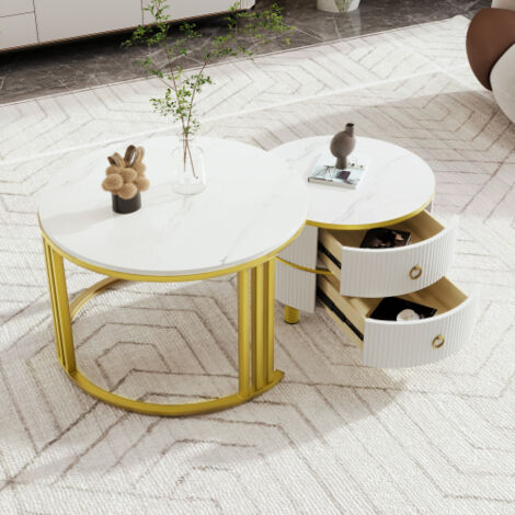 Ensemble 2-en-1 Table basse et Table d'appoint rondes en MDF — Finition haute brillance et plateau effet marbre blanc — Ensemble de tables basses pour salon (inclut 2 tiroirs)
