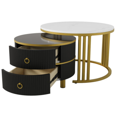 Ensemble 2-en-1 Table basse et Table d'appoint rondes en MDF — Finition haute brillance et plateau effet marbre blanc — Ensemble de tables basses pour salon (inclut 2 tiroirs)