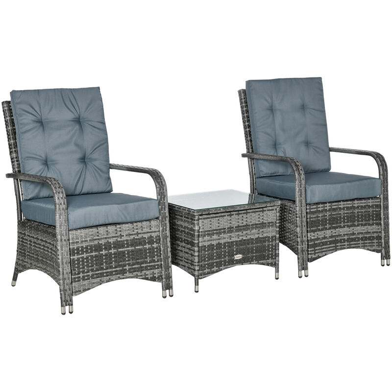 Ensemble 2 fauteuils de jardin table basse plateau verre trempé résine tressée imitation rotin coussins et housse protection inclus gris - Gris
