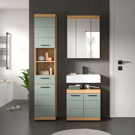 Ensemble 2 meubles + armoire de toilette chêne brun et kaki - OLBO