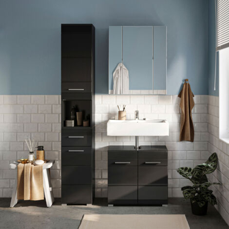 Ensemble 2 meubles + armoire de toilette décor noir brillant - KUEDA