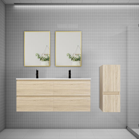 Ensemble 2 meubles Chêne et vasques L.120cm 4 tiroirs + colonne + lavabo + 2xmiroir-suspendu