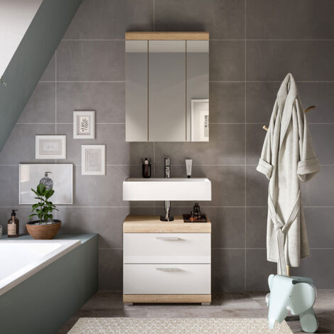 Ensemble 2 meubles de salle de bain chêne et blanc - LAMBY