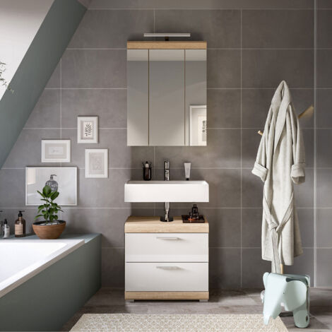 Ensemble 2 meubles de salle de bain chêne et blanc + lampe - LAMBY