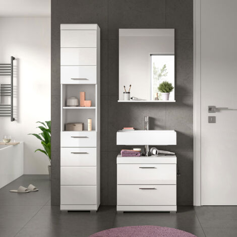 Ensemble 2 meubles salle de bain avec miroir blanc brillant - KAN