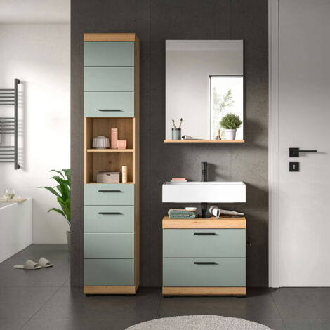Ensemble 2 meubles salle de bain avec miroir chêne brun et kaki - OLBO