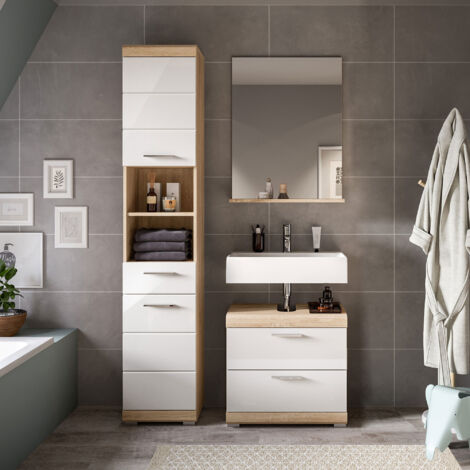 Ensemble 2 meubles salle de bain avec miroir chêne et blanc - LAMBY