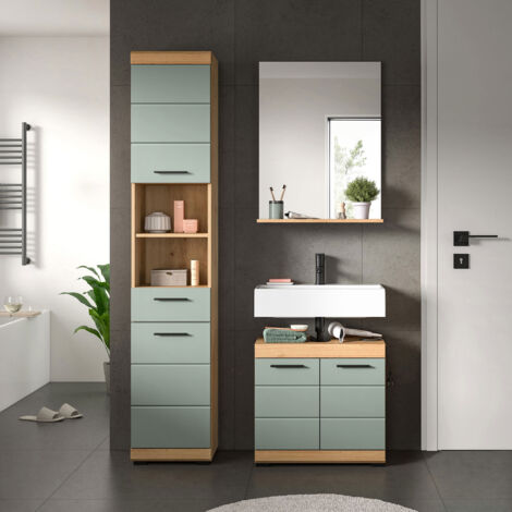 Ensemble 2 meubles salle de bain + miroir chêne brun et kaki - OLBO