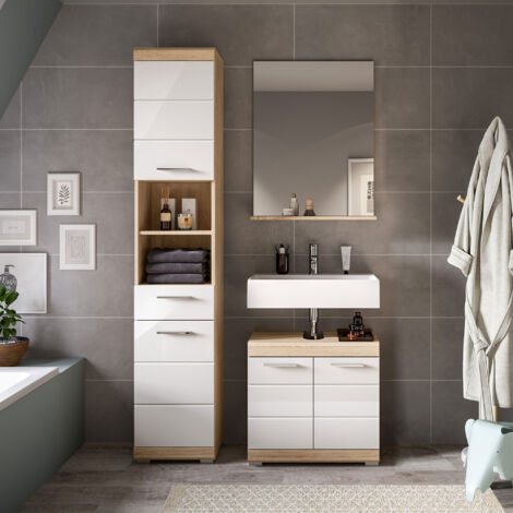 Ensemble 2 meubles salle de bain + miroir chêne et blanc - LAMBY