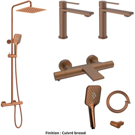 Ensemble 2 Mitigeurs lavabo + Colonne de douche + Mitigeur Bain + Support douchette flexible Couleur Cuivre brossé