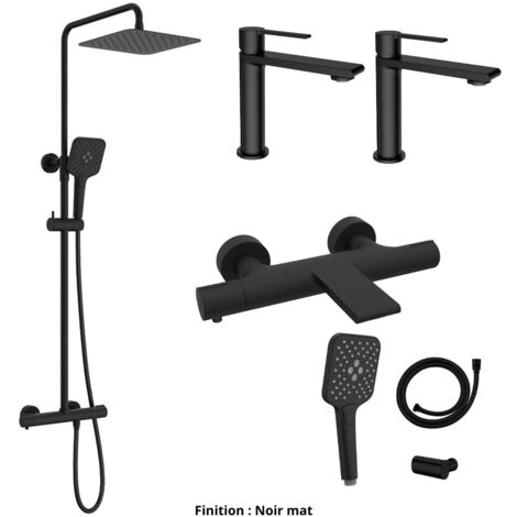 Ensemble 2 Mitigeurs lavabo + Colonne de douche + Mitigeur Bain + Support douchette flexible Couleur Noir mat