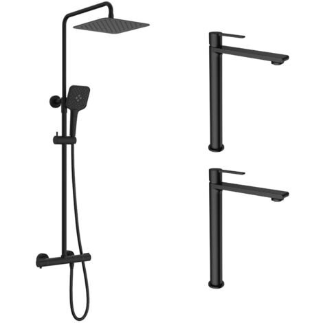 Ensemble 2 mitigeurs lavabo réhaussés + Colonne de douche Couleur Noir mat