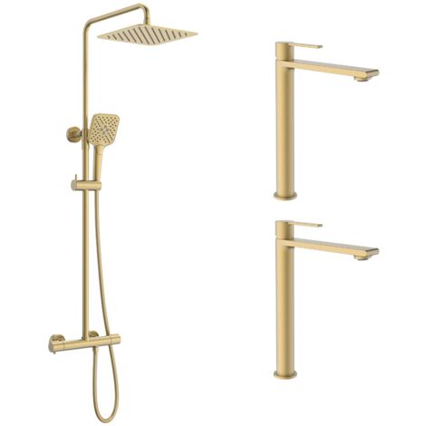 Ensemble 2 mitigeurs lavabo réhaussés + Colonne de douche Couleur Or brossé