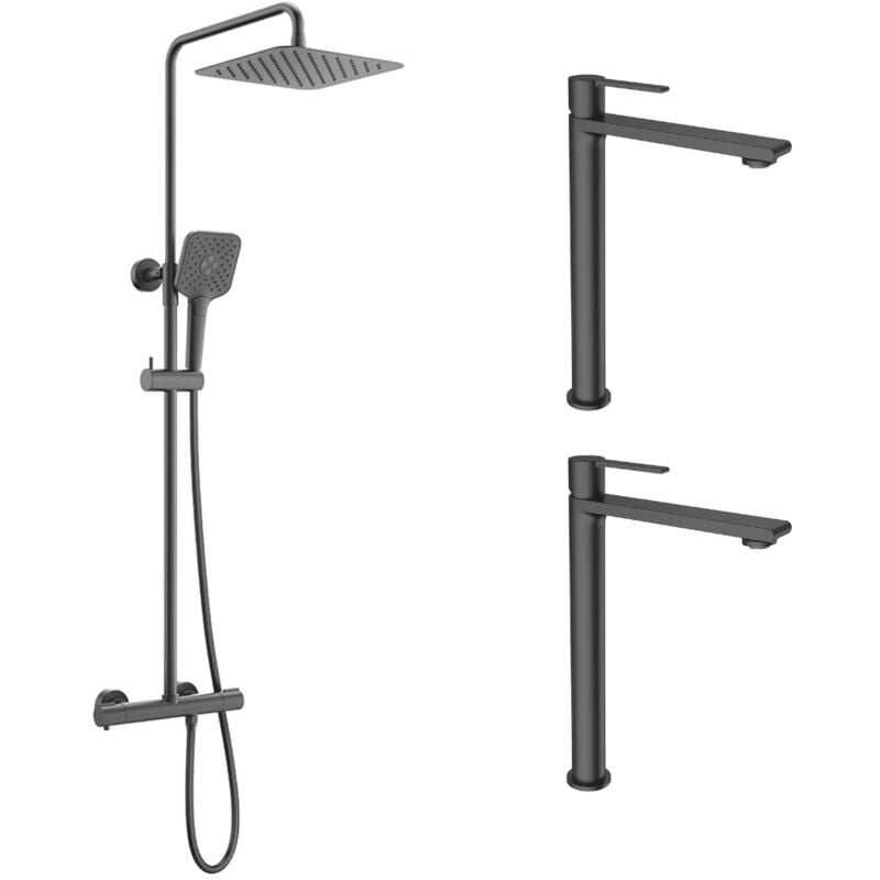 Ensemble 2 mitigeurs lavabo réhaussés + Colonne de douche Couleur Carbone