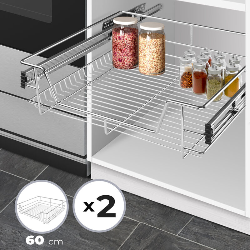 Tiroir Téléscopique de Cuisine - 2 Pièces, pour Placard de 60 cm, Charge max. 20 kg, Rails Inclus - Panier de Rangement Coulissant - Jago