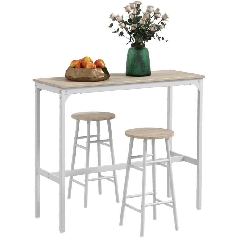 Homcom - Ensemble 2 places 3 pièces design contemporain - table de bar, 2 tabourets de bar - acier blanc aspect bois blanc
