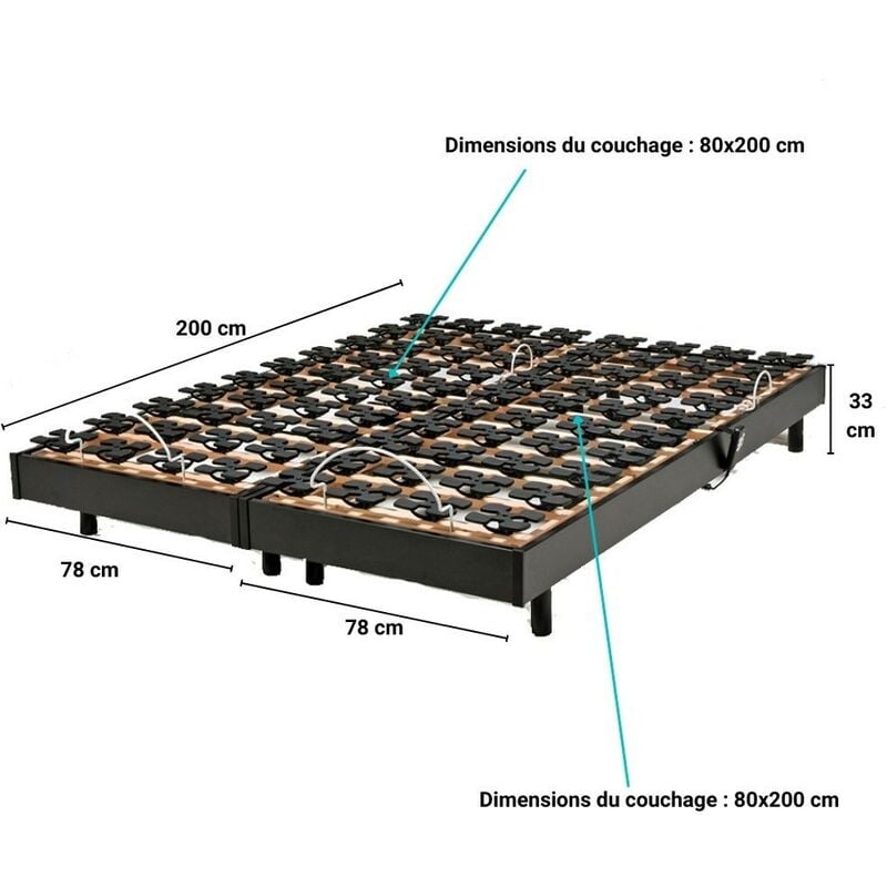Ensemble 2 sommiers relaxation électrique flexpalace 2x80X200 / Noir/ 200x156x33