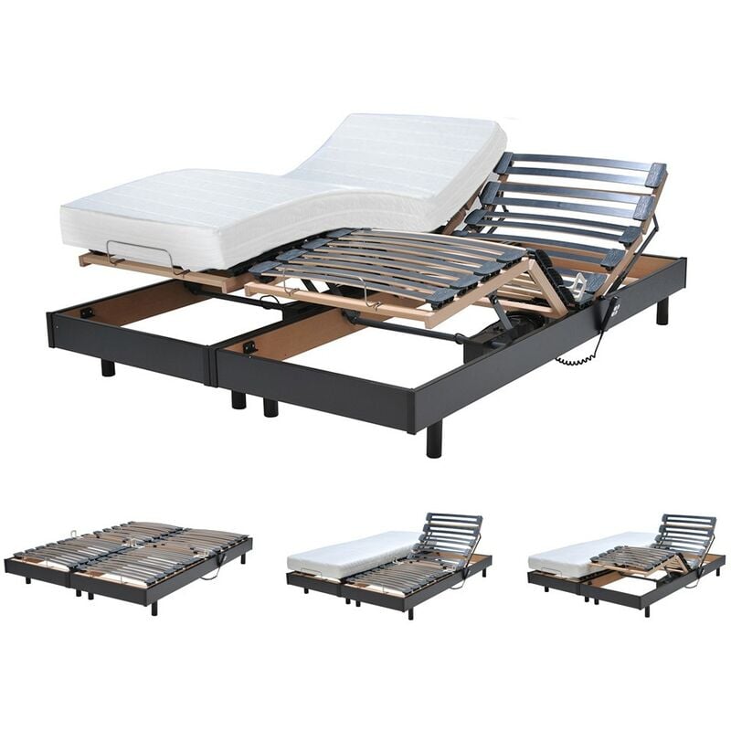 Ensemble 2 sommiers relaxation électrique flexpur 80x200 + 2 matelas mémoire de forme / Noir/ 200x156x51