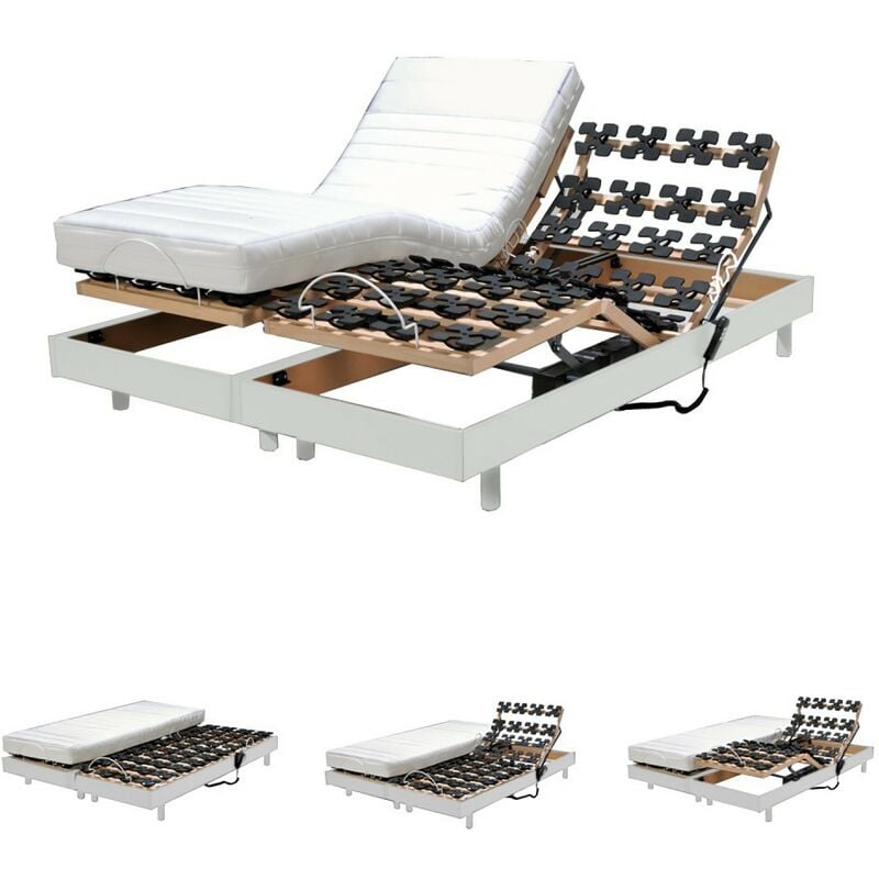 Ensemble 2 sommiers relaxation électrique flexpalace 80x200 + 2 matelas mémoire de forme / Blanc/ 200x156x33