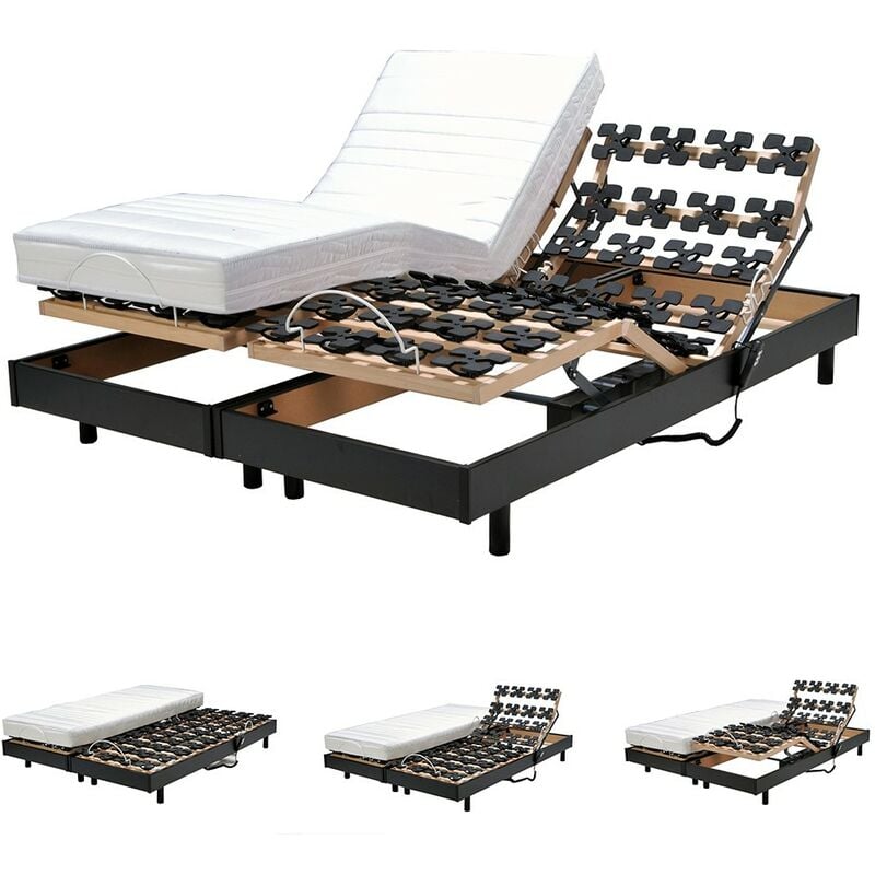 Ensemble 2 sommiers relaxation électrique flexpalace 80x200 + 2 matelas mémoire de forme / Noir/ 200x156x33