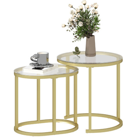 Ensemble 2 tables basses ovale et ronde empilables acier diam 50 x 50,5 cm or