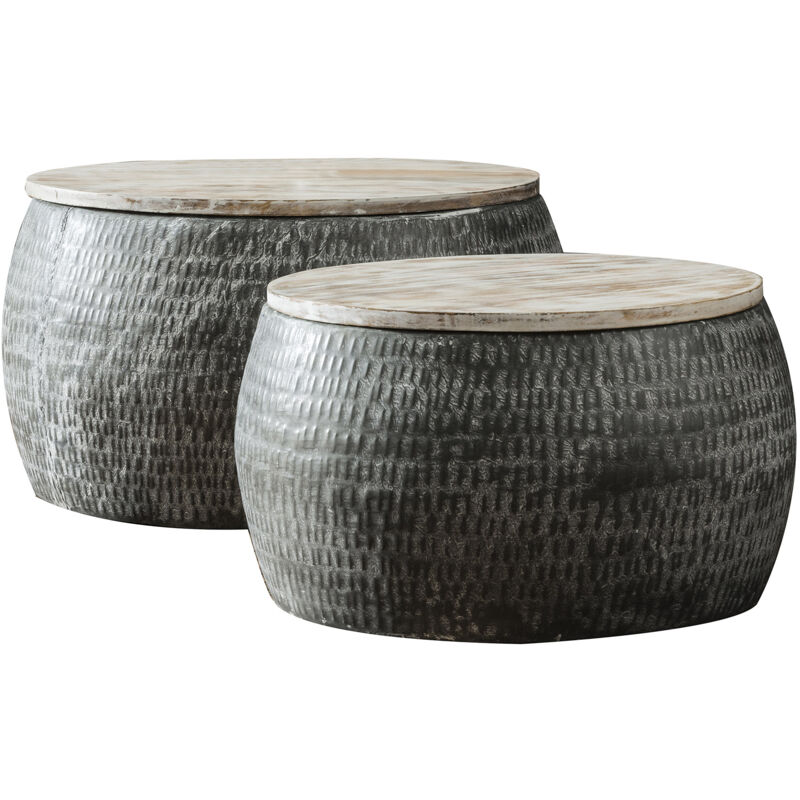 Ensemble 2 tables de salon de diam 50cm et 60cm en acier et manguier