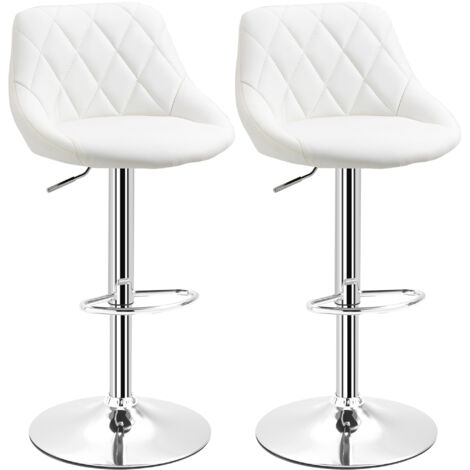 Ensemble 2 tabourets de bar réglables, métal et similicuir, pivotants, dossier et repose-pieds, design moderne, 46x48x83-104 cm, blanc