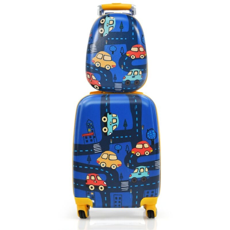 Ensemble 2 Valises pour Enfants Sac à Dos Trolley avec Poignée Rétractable Thème Voiture Bleu CW2816 DESIGN IN