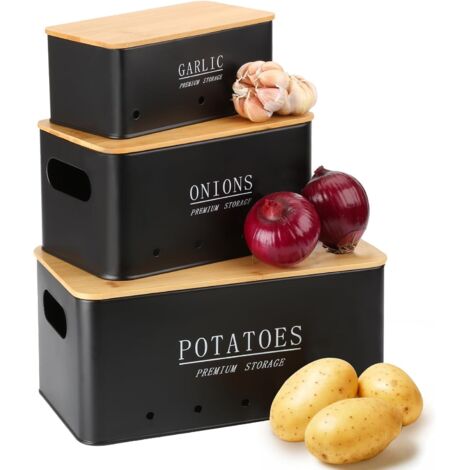 Ensemble 3 Boîtes Rangement Légumes - Métal Galvanisé - Aération Optimale - Cuisine Vintage - Pommes De Terre Oignons Ail