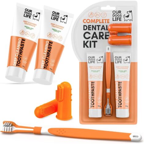 Ensemble 3 en 1 : brosse à dents pour chien et chat, dentifrice naturel 90 g x2 + sur-tube