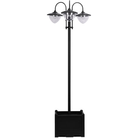 Ensemble 3 lanternes solaires métal, lampadaire jardin 189 cm, IP44, base pot fleurs, noir