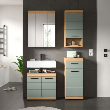 Ensemble 3 meubles + armoire de toilette chêne brun et kaki - OLBO