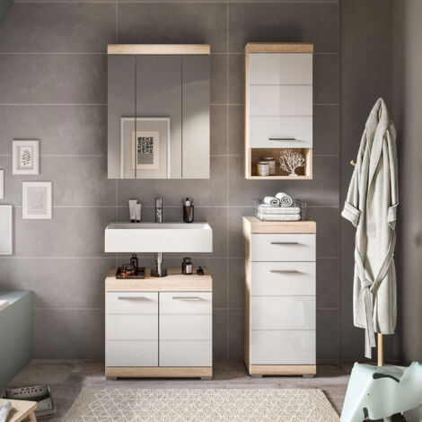 Ensemble 3 meubles + armoire de toilette chêne et blanc - LAMBY